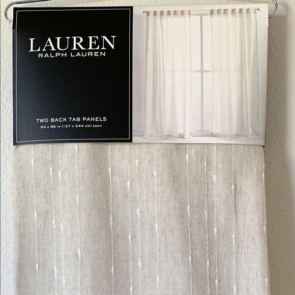 Set of 2 Ralph Lauren MARLEY Window Curtains Tan White 54 x 96 Rod Pocket NEW - Picture 1 of 5